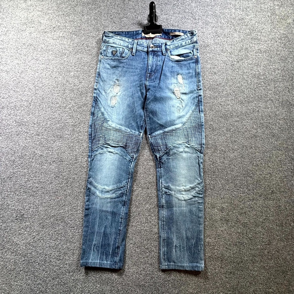 Guess Jeans Mens 30 Blue Denim Stretch Pintuck Distressed Slim Fit Tapered Biker